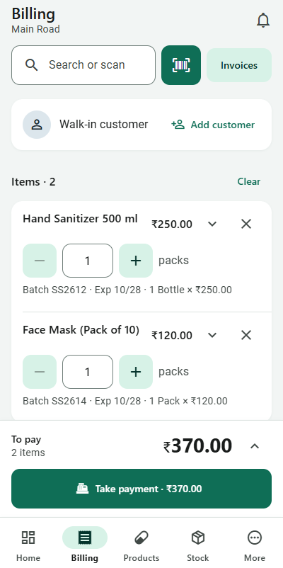 Billing on a phone: search, the bill and Take payment, with Home, Billing, Products, Stock and More at the bottom