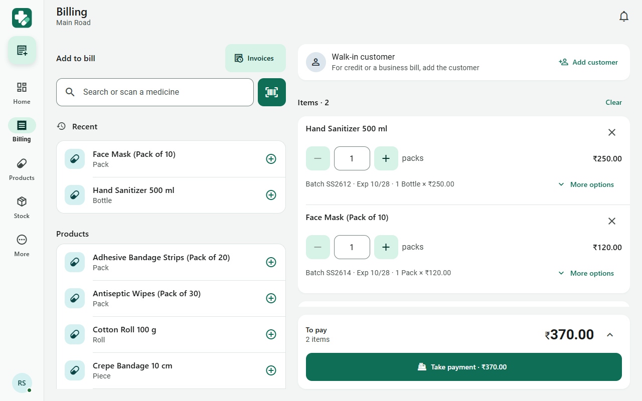 Billing on a tablet: medicine search and list on the left, the bill with packs or loose tablets, batch, expiry, GST and Take payment on the right